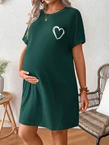 SHEIN Maternity Heart Print Round Neck Short Sleeve Pocket Casual Dress - Green - View 5