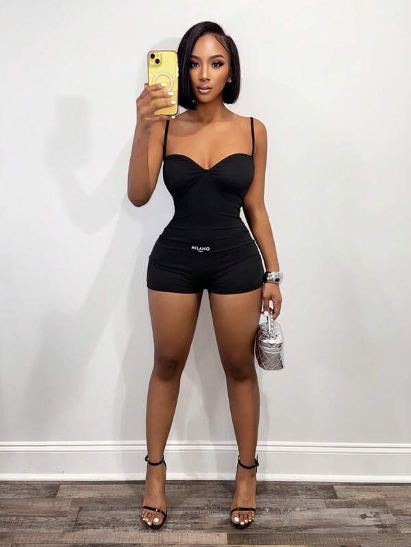 BamGleam Mono con estampado de letras y drapeado sexy para mujer