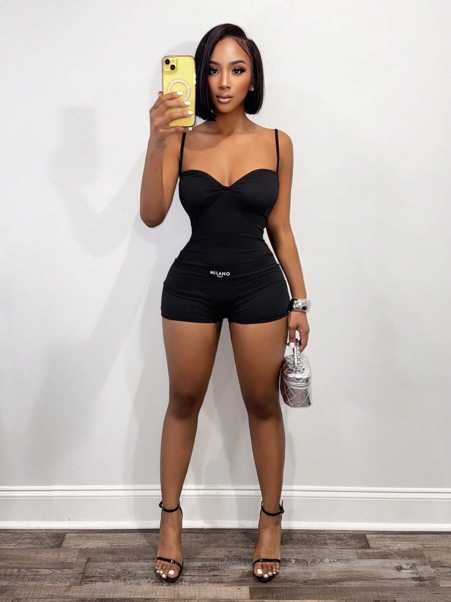 BamGleam 女士字母印花褶皱性感吊带连体衣 - 黑色 - 查看 1