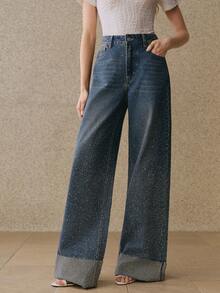 Anewsta New Rhinestone Embellished Women's Blue Straight Leg Jeans Bling Jeans Studded Jeans Wide Leg Jeans Woman Rhinestone Denim Rhinestone Jeans - Blue - View 6