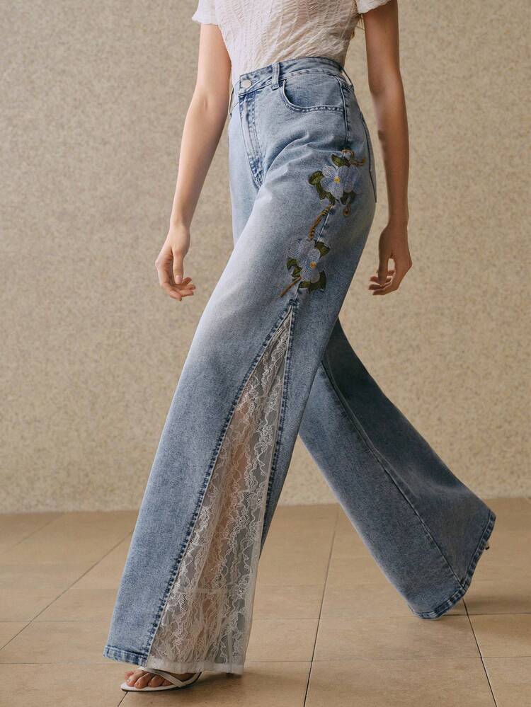 Women's Elegant Floral Embroidery & Lace Patchwork Romantic Party Vacation Blue Flared Jeans, Spring/Summer Lace Insert Jeans Wide Leg Jeans Woman Denim Jeans Woman Embroidered Jeans