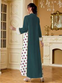 SHEIN Najma 女士花卉复古印花撞色V领长袖连衣裙，优雅春夏款 - 彩色 - 查看 2