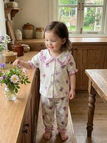 2pcs/Set Toddler Girls Cute Rabbit Print Elegant Ruffle Collar Lantern Sleeve Short Sleeve Cardigan Top And Casual Pants Homewear Set Girls Bunny Pajamas Ruffle Pajamas Girls Sleepwear Cute Sleepwear Pajama Set - Apricot - View 1