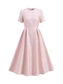 Ellevyn 女士圆领短袖提花纹理面料粉色收腰褶裥A字优雅日常/约会中长连衣裙，早春 - 粉色 - 查看 8