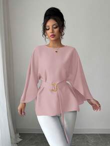 Selianne Women's Spring/Summer French Style Round Neck Batwing Sleeve Tie Waist Satin Blouse, Red Fall Cloth For Women - Pink - View 3