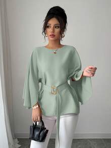 Selianne Blusa roja brillante con cuello redondo francés, mangas de murciélago y cintura con lazo para mujer, para primavera/verano - verde menta - Ver 6