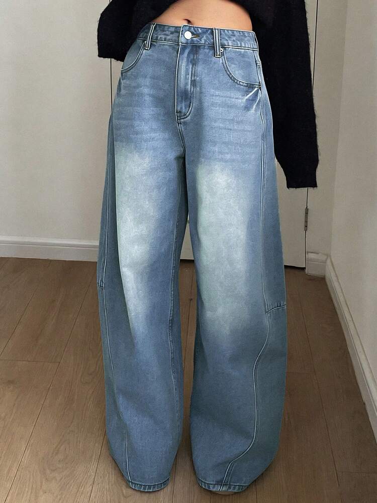 Women's Distressed Washed Wide Leg Jeans, Casual Street Style Loose Fit Cowboy Pants, Spring/Summer