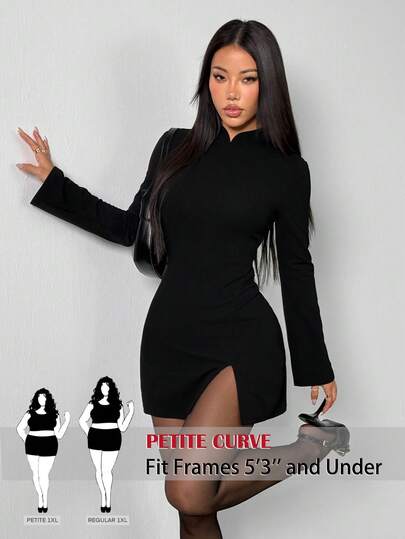 SHEIN PETITE CURVE プラスサイズ レディース ファッショナブル セクシー 無地 バックレス 長袖 ミニドレス