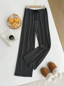 SHEIN PETITE CURVE Quần ống đứng dáng rộng kẻ sọc cỡ lớn, cạp chun co giãn, có dây rút - màu đen - Xem 4