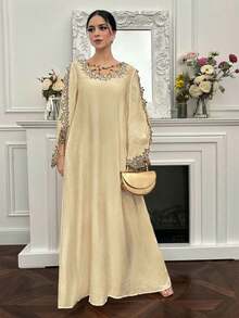 Yasmyna Đầm dài tay thanh lịch kiểu Ả Rập dành cho nữ, thiết kế đan chéo đính kết. - Màu Khaki - Xem 6