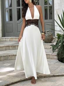 Opulessa 女士纯色蕾丝拼接吊带连衣裙 - 白色 - 查看 1