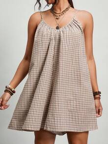 Freevana Cotton Jumpsuit Plus Size Print,Deep V-Neck Backless Tie Strap Retro Pattern Vacation Rompers For Women,Summer Boho Beach Holiday Casual Dress Romper - Khaki - View 5