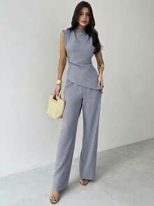 Firerie 卡其色简约优雅休闲通勤办公套装：无袖不对称褶皱腰身女士衬衫 + 常规褶皱阔腿女士长裤，亚麻通勤套装，女士沙滩装，机场装，度假装，教师装 - 淺灰色 - 查看 3