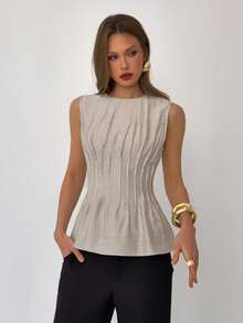 Aloruh 女士优雅通勤圆领收腰褶皱无袖衬衫 - 卡其色 - 查看 9