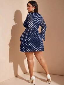 SHEIN BAE Đầm mùa hè dáng rộng tay dài cổ chữ V chấm bi dành cho nữ cỡ lớn - Màu xanh hải quân - Xem 5