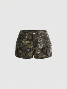 Grunge Punk Y2K迷彩军用工装补丁复古女式牛仔短裤 - 軍綠色 - 查看 1