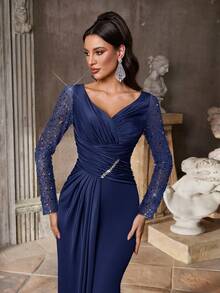 Aureia Elegante y lujoso traje de baño decorativo con parches de botones, perlas y lentejuelas, manga transparente de punto, falda de sirena fruncida, adecuado para boda, fiesta, vacaciones, vestido de gala (con mucho bordado) - Azul Marino - Ver 4