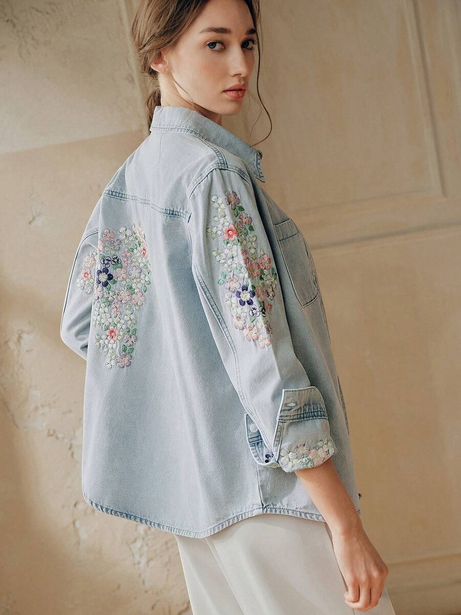 Anewsta 女士优雅花卉刺绣长袖衬衫,浪漫派对、度假必备,搭配牛仔裤,春夏皆宜 - 藍色 - 查看 1