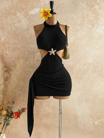 Soleia New Vacation Halter Hollow Out Waist Tie Wrap Slim Fit Mini Dress, Bohemian, Boho, Vacation, Fall Women Clothes, Vintage, Holiday