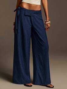 Athîral Pantalones anchos casuales de mujer con cintura con cordón, diseño de pliegue en la cintura, ajuste holgado, tela tejida cómoda y suave, casual para mujer, pantalones casuales para mujer, playa, vacaciones de primavera, mujer de primavera, vacaciones de verano, pantalones de playa, pantalones azules, vacaciones de verano, verano para mujer, vacaciones para mujer - Azul - Ver 1