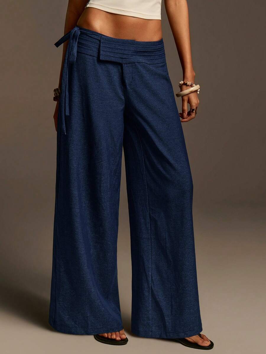Athîral Pantalones anchos casuales de mujer con cintura con cordón, diseño de pliegue en la cintura, ajuste holgado, tela tejida cómoda y suave, casual para mujer, pantalones casuales para mujer, playa, vacaciones de primavera, mujer de primavera, vacaciones de verano, pantalones de playa, pantalones azules, vacaciones de verano, verano para mujer, vacaciones para mujer - Azul - Ver 1