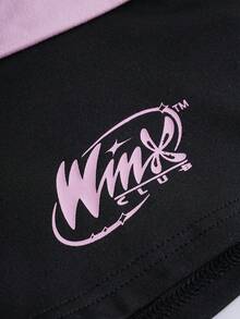 The Winx X SHEIN 女士时尚街头标语印花撞色蕾丝短裤，夏季 - 粉色 - 查看 3