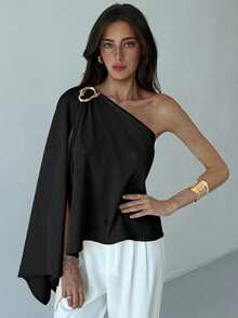 Aloruh Minimalist Commuter Shawl Collar Metal Decor Fitted Apricot Women Blouse,Summer Top - Black - View 6