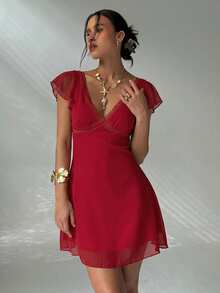 Aloruh Elegant Sexy Charming Ruffle Sleeve A-Line Deep V-Neck Backless Mini Dress For Women - Burgundy - View 7