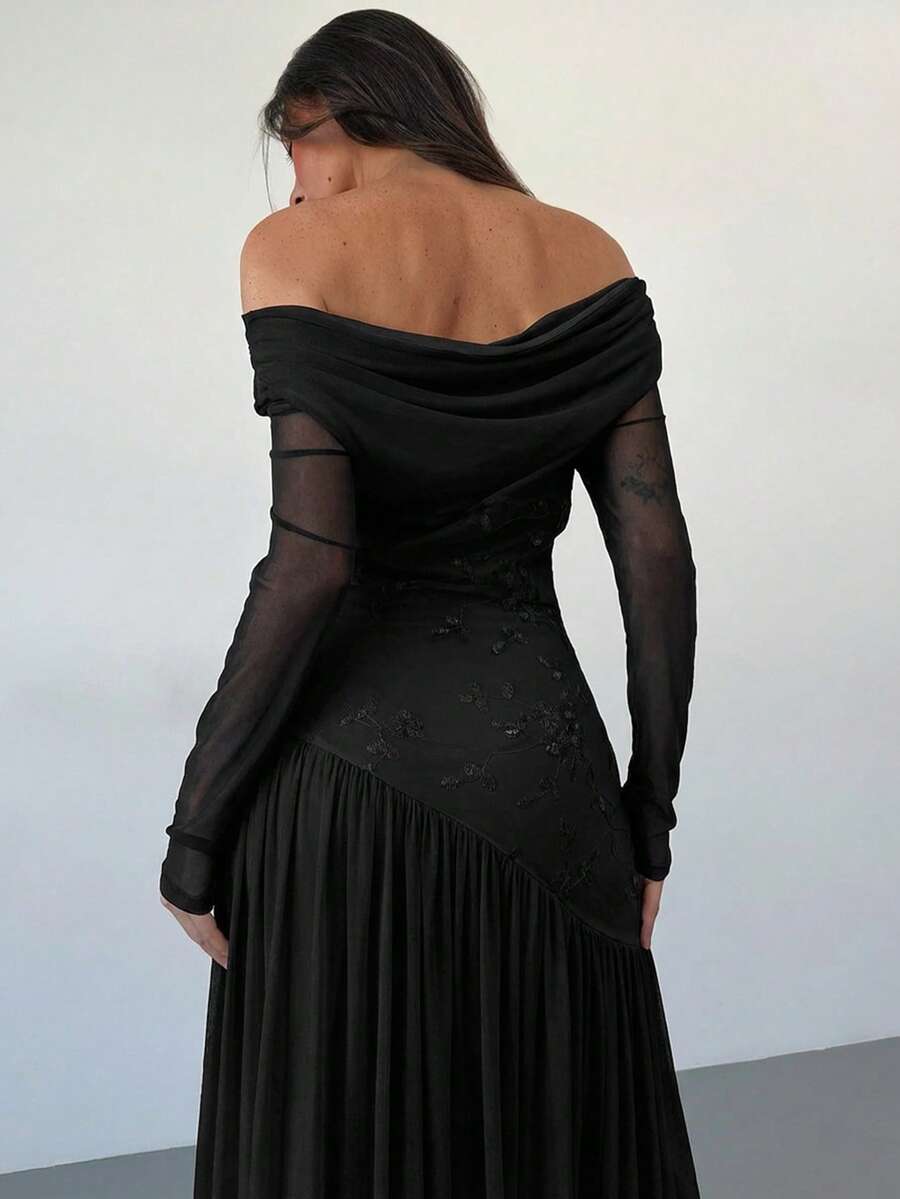 Aloruh 新款露肩长袖撞色网纱刺绣不对称下摆拼接高弹显瘦连衣裙 - 黑色 - 查看 1