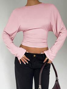 Aloruh Women's Autumn/Winter Bat Wing Long Sleeve Fitted T-Shirt - Pink - View 7