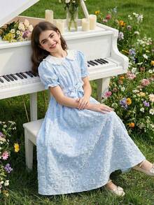 Đầm ngắn tay phồng màu xanh dương có họa tiết, cổ Peter Pan, thích hợp cho bé gái dự tiệc. - Màu xanh lam - Xem 3