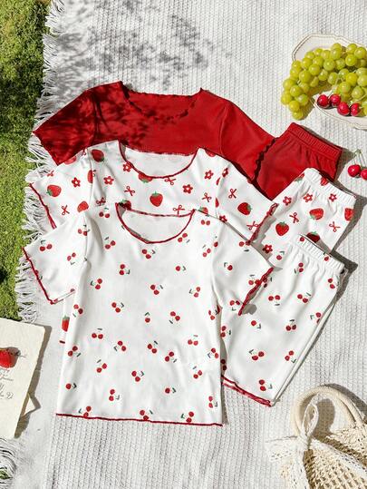 Vintaside Kids Girls Toddler Summer Digital Print Pastoral Cute Cherry & Strawberry Bow And Solid Color Multi-Piece Set, Suitable For Casual Play