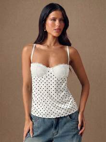 SHEIN BAE 女士撞色蕾丝波点印花蝴蝶结装饰吊带背心 - 白色 - 查看 3