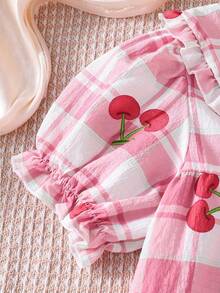 女童格子印花荷叶袖樱桃刺绣短袖上衣和裤子两件套休闲家居服 - 粉色 - 查看 4