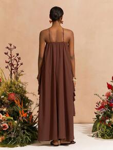 Zivah 2026春夏新款婚礼季、音乐节、复活节、西部风、游牧风、波西米亚风、纳什维尔风、派对、婚礼、晚宴、约会、聚会、生日、学院风、学生装、日常出行、百搭基础款、休闲、度假、邮轮旅行、海滩、日光浴、爆款、优雅、通勤、商务休闲无袖多层荷叶边宽松A字长裙，深棕色连衣裙，春夏连衣裙，派对连衣裙，性感连衣裙，优雅连衣裙，女士连衣裙 - 咖啡棕 - 查看 2