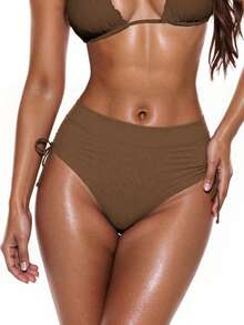 Swim Chiccia Quần bikini nữ màu trơn có dây rút bên hông và nhún bèo - màu nâu - Xem 2