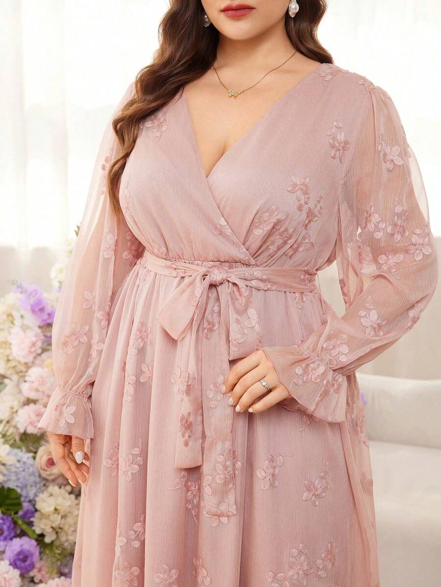 Modelyn Plus Size Women Floral Embroidery Crossover Neck Long Sleeve Waist Cinched Elegant French Style Dress - Pink - View 1