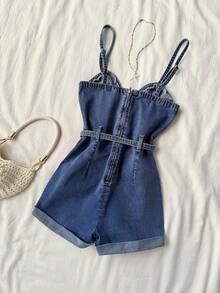 Elamini Women's Casual Denim Romper, Summer - Blue - View 2