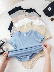 SHEIN 6件套男女宝宝通用新生儿100%纯棉休闲纯色弹力罗纹短袖连体衣套装，易于穿脱，春夏款 - 彩色 - 查看 4
