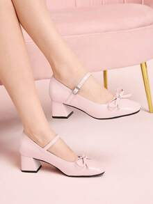 CUCCOO DOLLMOD Women's Light Pink Textured Round Toe Bow Decor Mary Jane Shoes, Sweet & Cute Style For Daily, Dating, Commuting - Pink - View 1