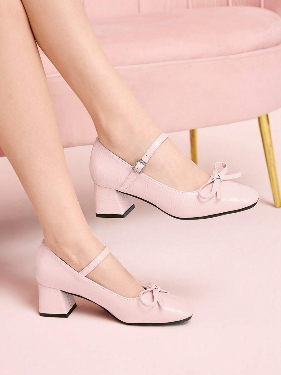 CUCCOO DOLLMOD Women's Light Pink Textured Round Toe Bow Decor Mary Jane Shoes, Sweet & Cute Style For Daily, Dating, Commuting - Pink - View 1