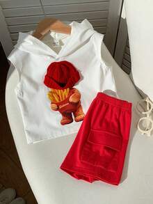 SHEIN 2件套婴儿/男婴可爱小熊图案无袖针织上衣T恤和红色工装短裤，春夏男婴服装，套装，街头服饰 - 酒紅色 - 查看 5