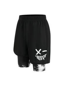 SHEIN Bolty 1 件装青少年男童图案抽绳腰网眼短裤，适合上学、春季穿着、青少年男童服装、青少年男童外套、春季返校季 - 黑色 - 查看 4