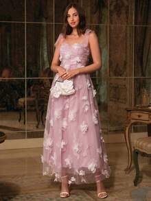 Enchnt Vestido de tirantes finos, elegante y romántico de longitud media para mujer - Rosa vieja - Ver 9