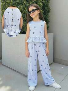SHEIN Tween Girls Vacation Casual Woven Blue Bow Print Striped Cami Top & Wide Leg Pants Set,Bule Striped Vest Two Pieces Set - Blue - View 2