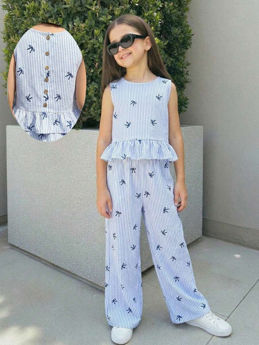 SHEIN Tween Girls Vacation Casual Woven Blue Bow Print Striped Cami Top & Wide Leg Pants Set,Bule Striped Vest Two Pieces Set - Blue - View 1