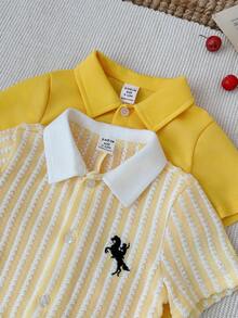 SHEIN 2件套男婴可爱黄色条纹短袖连体衣套装，春夏婴儿服装，黄色婴儿连体衣，夏季婴儿服装 - 黃色 - 查看 5