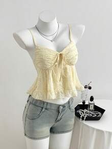 Elamini 女士休闲度假吊带背心，细肩带网纱刺绣面料，系带 - 黃色 - 查看 6