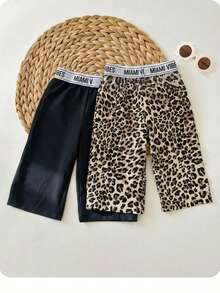SHEIN 买一送一两件套：可爱女婴高腰豹纹上衣和黑色纯色阔腿裤 - 基本休闲款 - 彩色 - 查看 2
