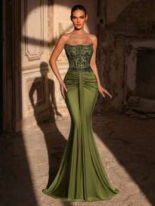Glamrae Đầm dạ hội dáng đuôi cá gợi cảm, thanh lịch, sang trọng, cao cấp, đa năng, đính ngọc trai và sequin thêu hoa, chất liệu co giãn, xếp ly, có dây đeo vai rời, phù hợp cho đám cưới, sự kiện, tiệc tùng, kỳ nghỉ, dạ hội và các dịp trang trọng. Màu xanh lá cây. - màu xanh lá - Xem 8